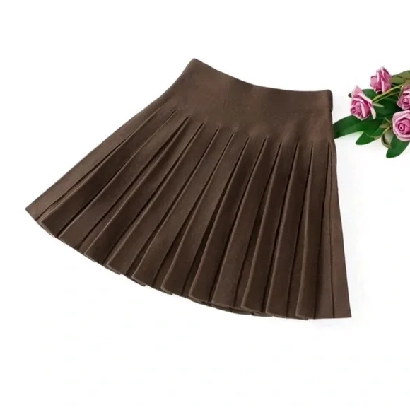 Burgundy / gray / brown knit sweater pleated mini skirt - Picture 2 of 6